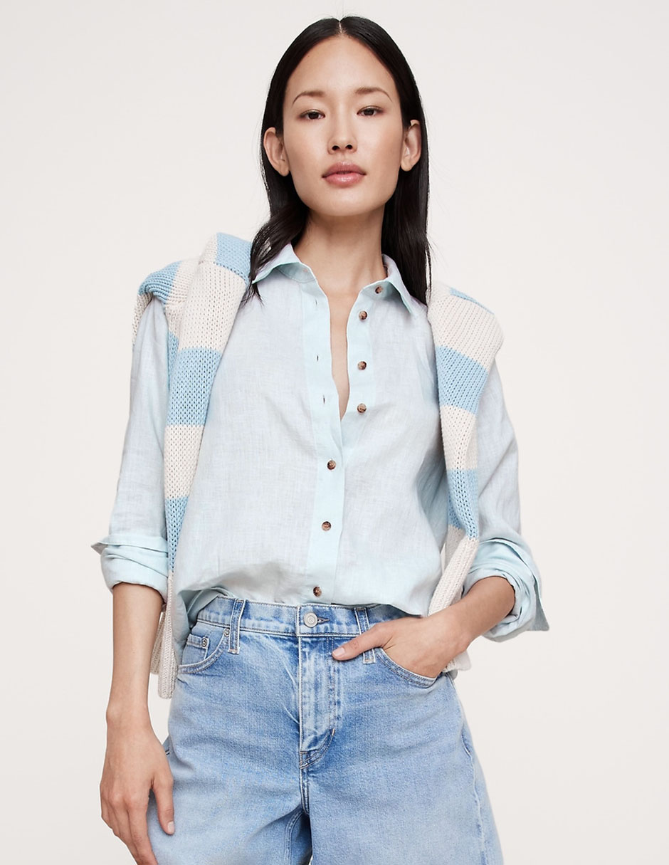 Blusa Azul Cielo Blusas Para Dama Suburbia Camisa De Lino Manga