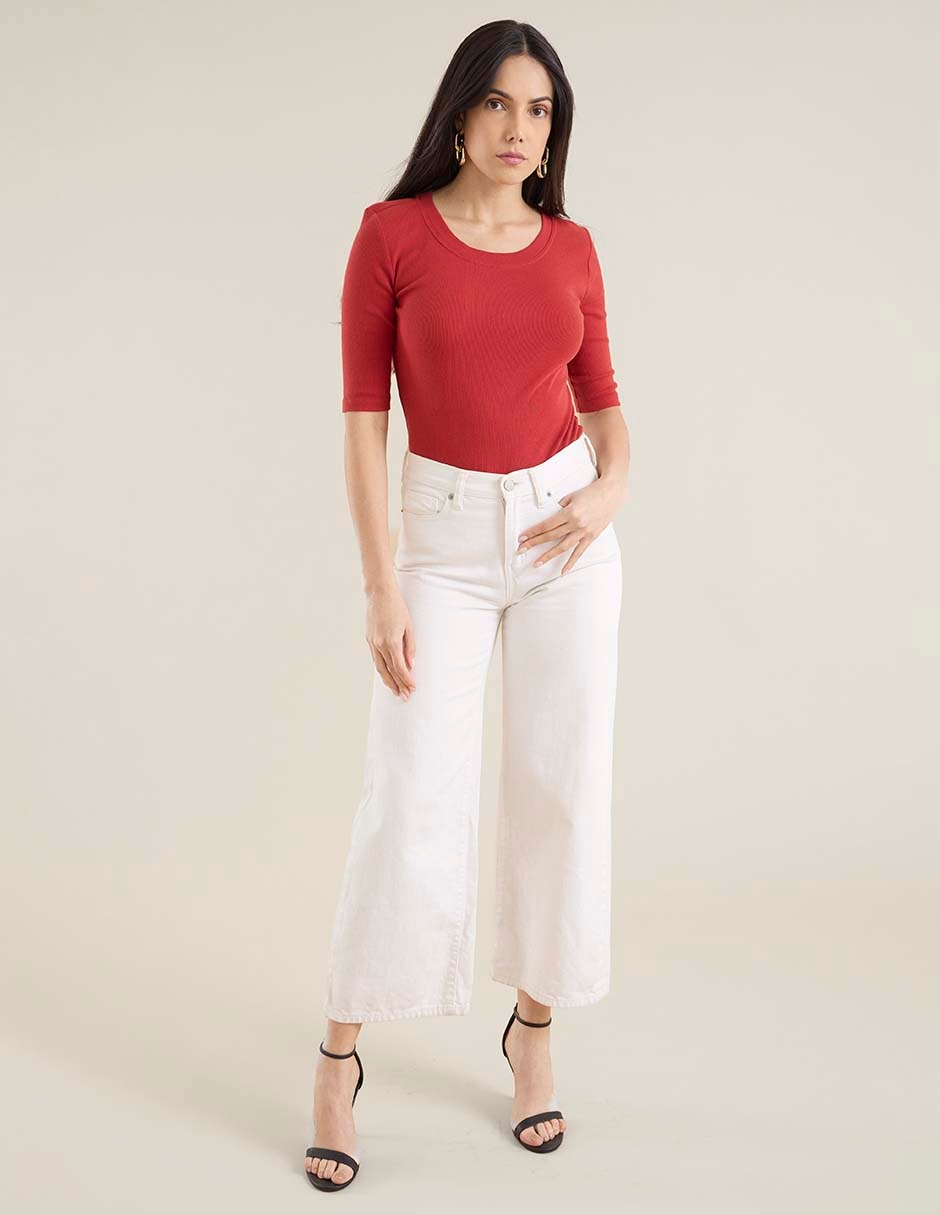 Playera manga al codo cuello redondo para mujer