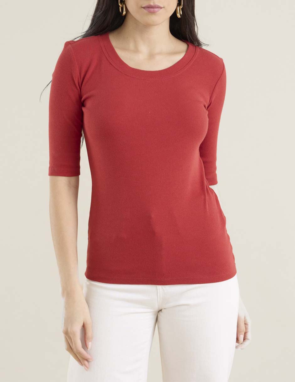 Playera manga al codo cuello redondo para mujer