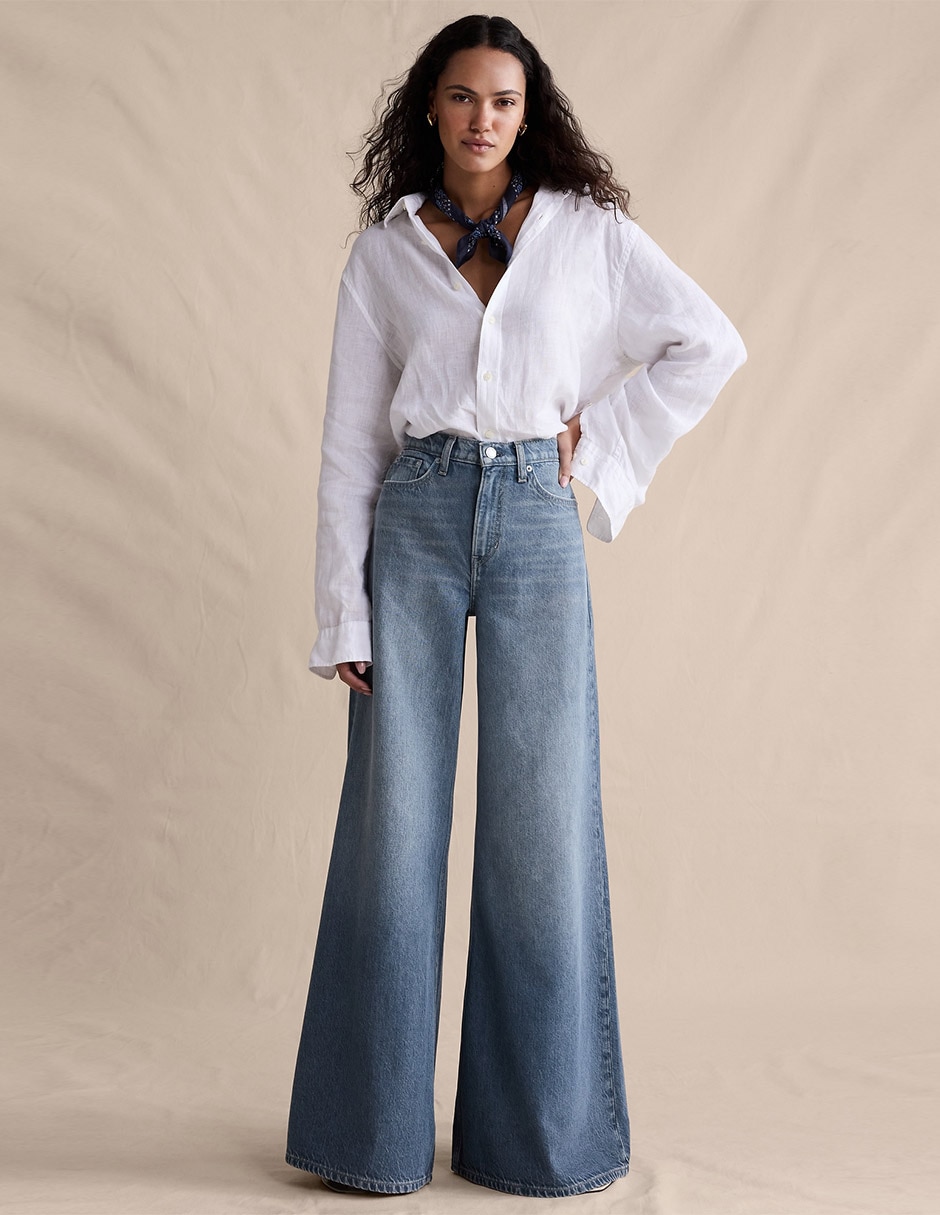 Jeans regular acampanado media cintura para mujer